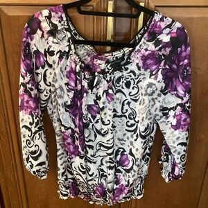 White House Black Market Ruched Purple and Black Blouse